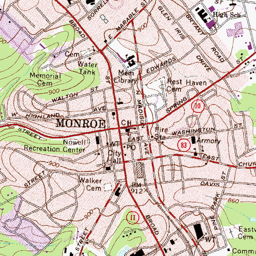 Topographic Map of Walton County Courthouse, GA