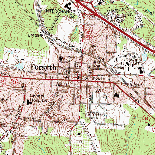 Topographic Map of Monroe County Courthouse, GA