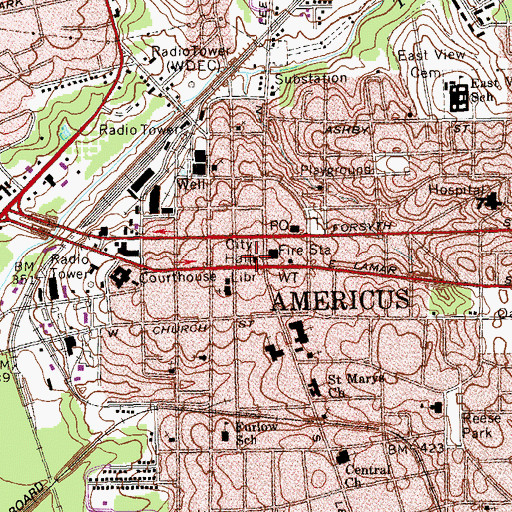 Topographic Map of Americus City Hall, GA