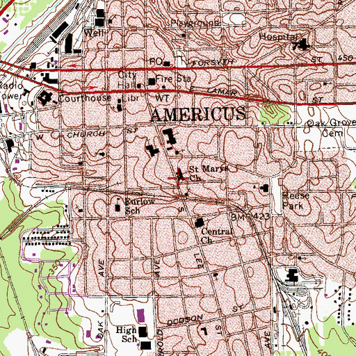 Topographic Map of Americus Historic District, GA