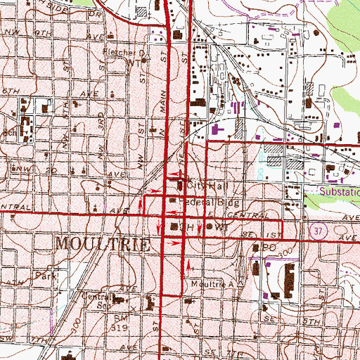 Topographic Map of Moultrie City Hall, GA