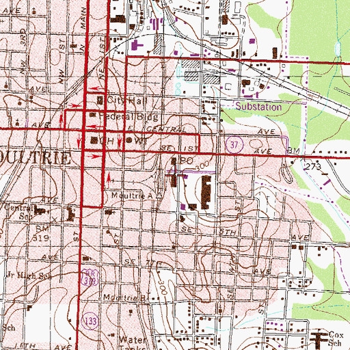 Topographic Map of Moultrie-Colquitt County Library, GA
