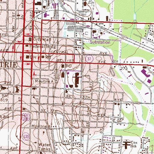 Topographic Map of Moultrie Plaza Shopping Center, GA