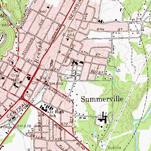 Topographic Map of Summerville Cemetery, GA