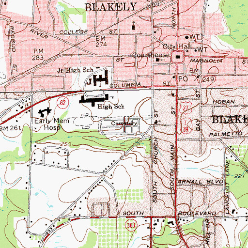 Topographic Map of Blakely Cemetery, GA