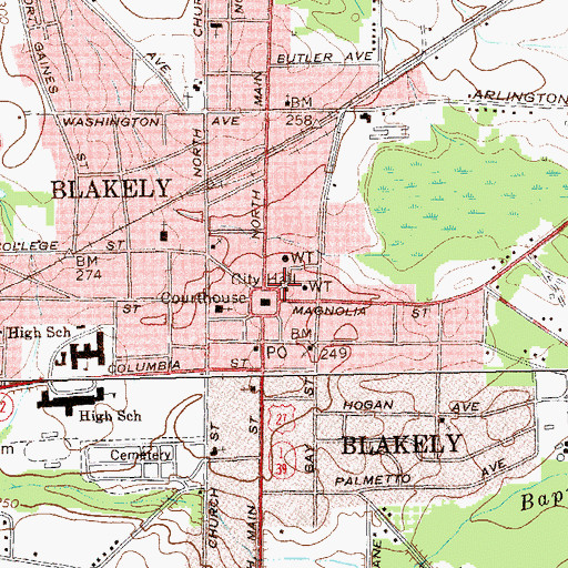 Topographic Map of Blakely City Hall, GA