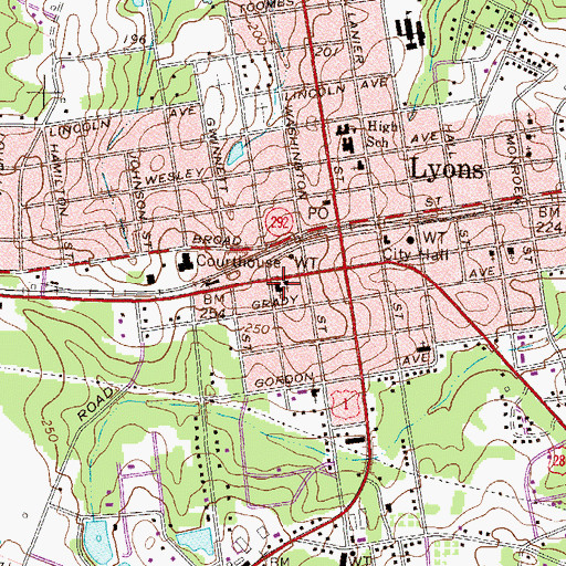 Topographic Map of First Baptist Church, GA