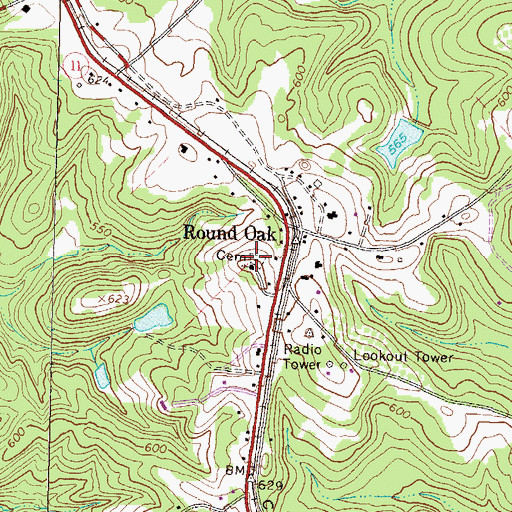 Topographic Map of Round Oak Cemetery, GA