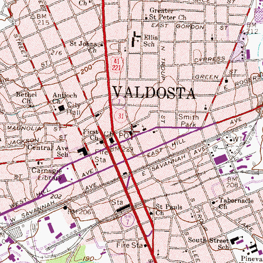Topographic Map of Valdosta Post Office, GA