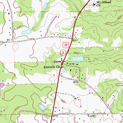 Topographic Map of Antioch Cemetery, GA