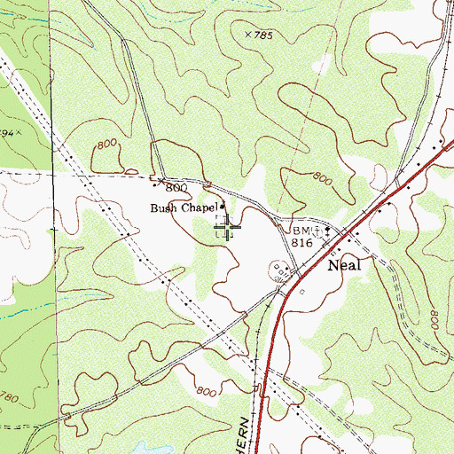 Topographic Map of Bush Chapel Cemetery, GA