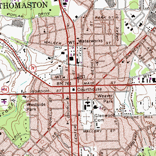 Topographic Map of Thomaston Post Office, GA