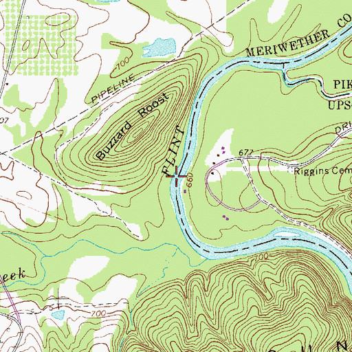 Topographic Map of Riggins Bridge (historical), GA