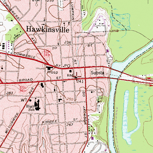 Topographic Map of Hawkinsville City Hall, GA