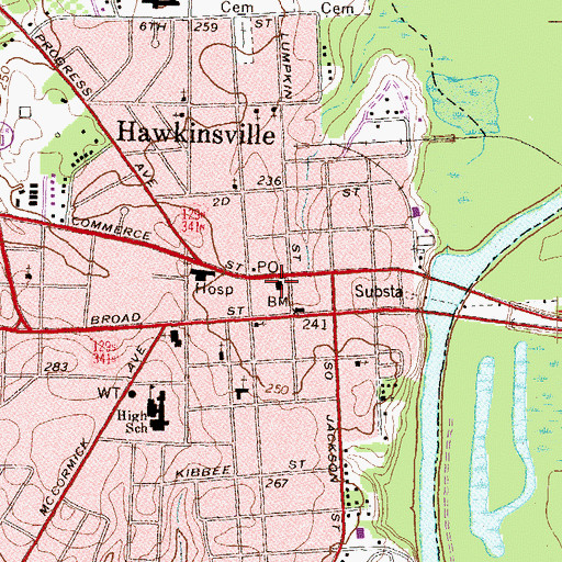 Topographic Map of Pulaski County Courthouse, GA