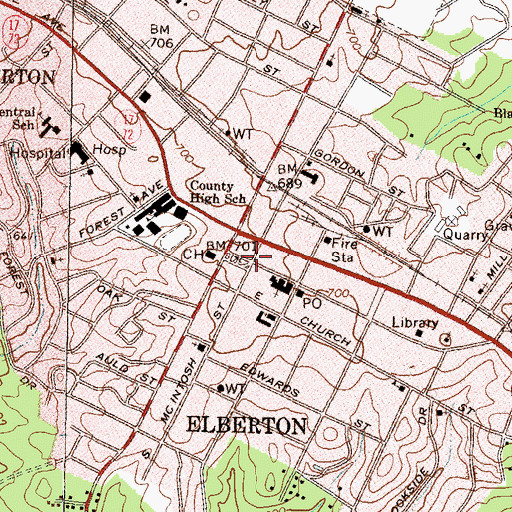 Topographic Map of Elberton Commercial Historic District, GA