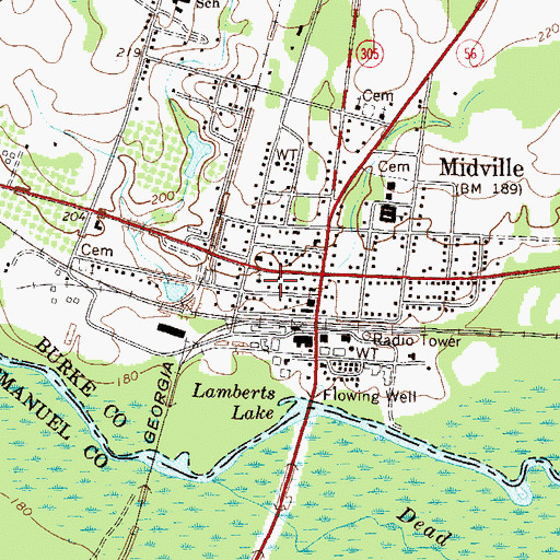Topographic Map of Midville Branch Library, GA