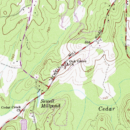 Topographic Map of Oak Grove Cemetery, GA
