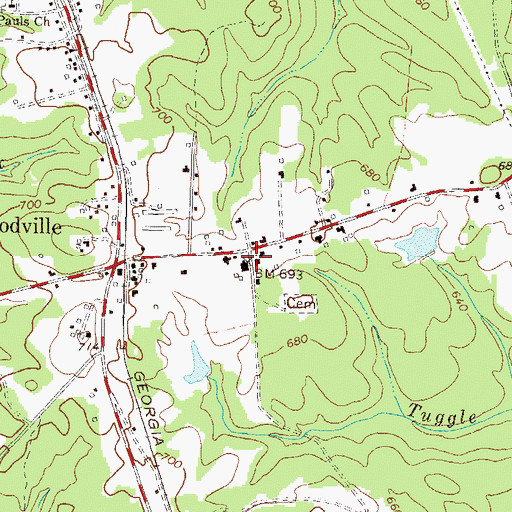 Topographic Map of Woodville Baptist Church, GA