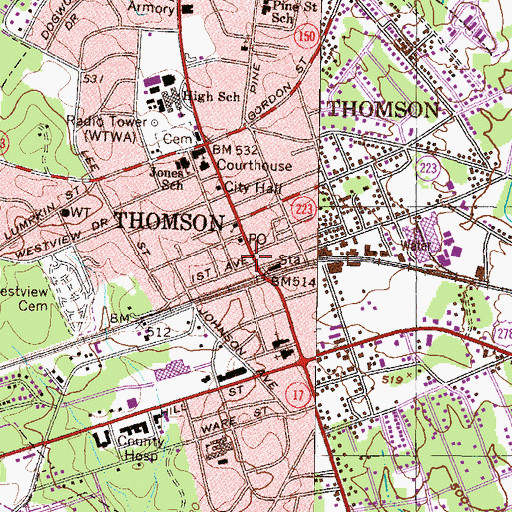 Topographic Map of Thomson Commercial Historic District, GA