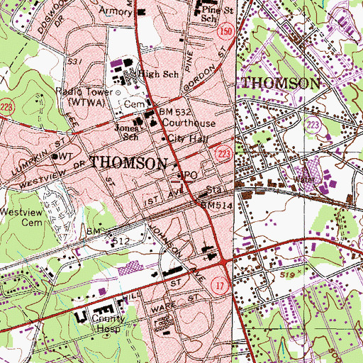 Topographic Map of Thomson-McDuffie County Library, GA