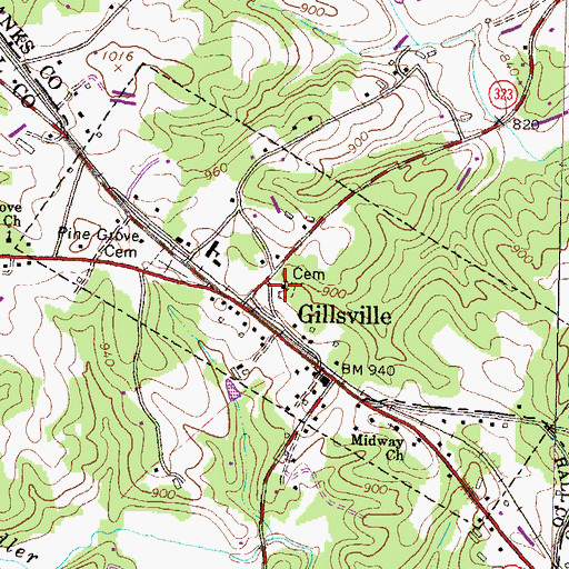 Topographic Map of Gillsville Baptist Church, GA