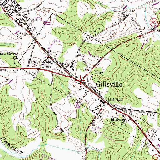 Topographic Map of Gillsville Historic District, GA