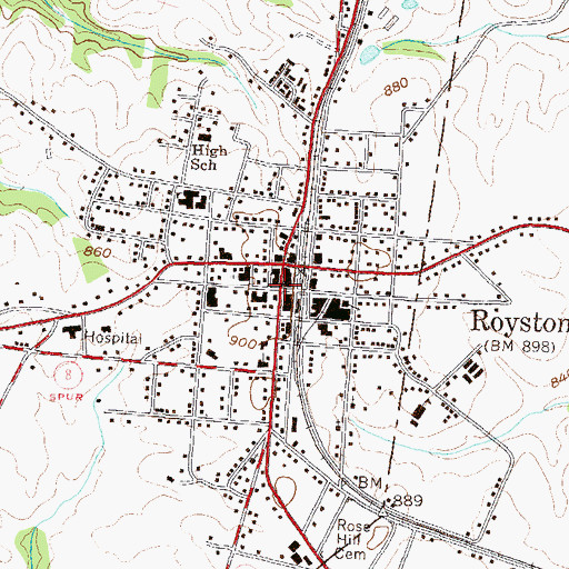 Topographic Map of Royston Commercial Historic District, GA