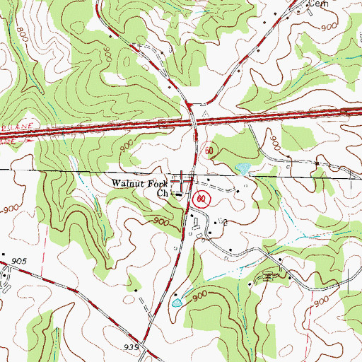 Topographic Map of Walnut Fork Baptist Cemetery, GA