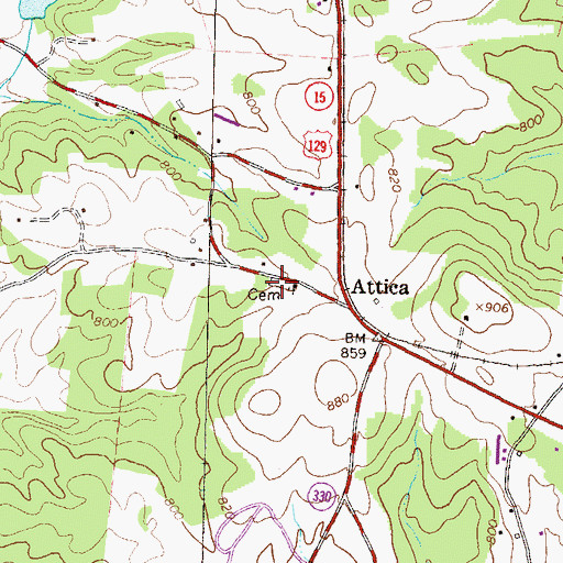 Topographic Map of Attica Baptist Cemetery, GA