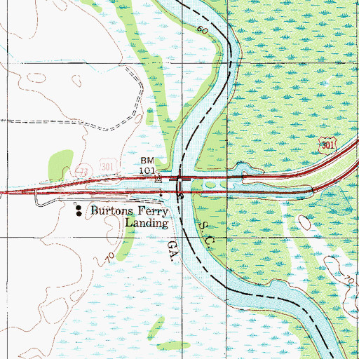Topographic Map of Burtons Ferry Bridge, GA