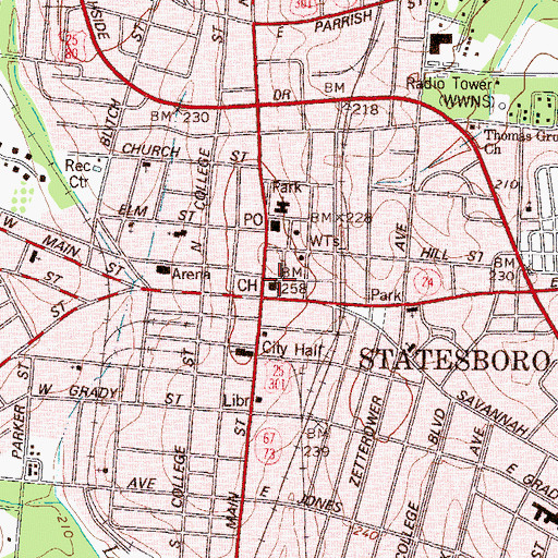 Topographic Map of Bulloch County Courthouse, GA