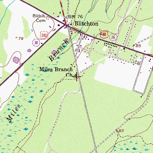 Topographic Map of Miles Branch School (historical), GA