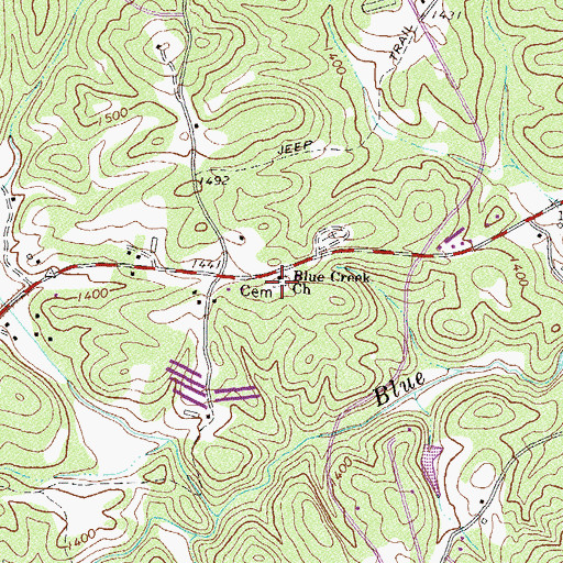 Topographic Map of Old Blue Creek Cemetery, GA