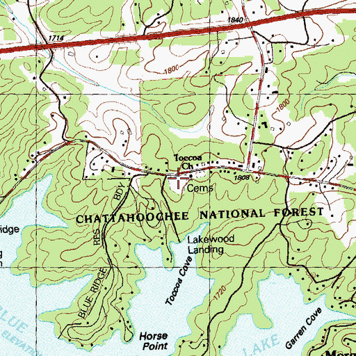 Topographic Map of Toccoa Cemetery, GA