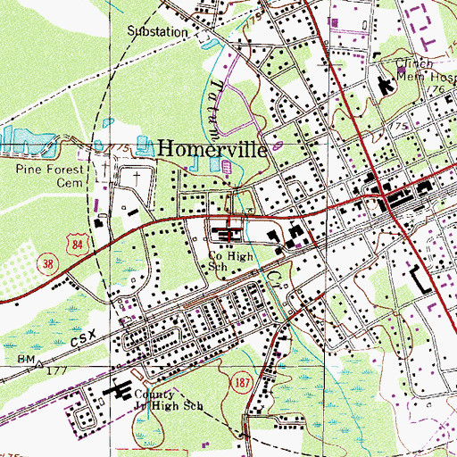 Topographic Map of Homerville Elementary School (historical), GA