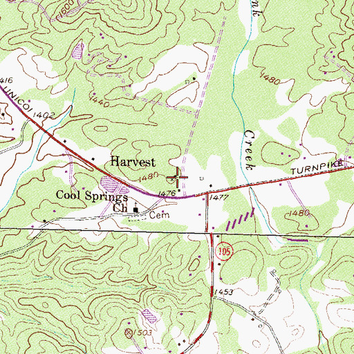 Topographic Map of Harvest Cemetery, GA