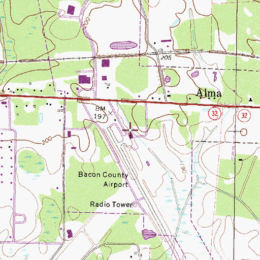 Topographic Map of Bacon County Airport, GA