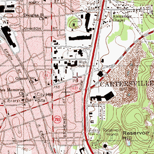 Topographic Map of Cartersville Post Office, GA
