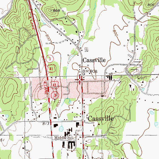 Topographic Map of Cassville Post Office, GA