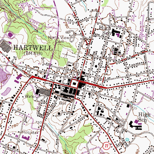 Topographic Map of Hartwell Post Office, GA