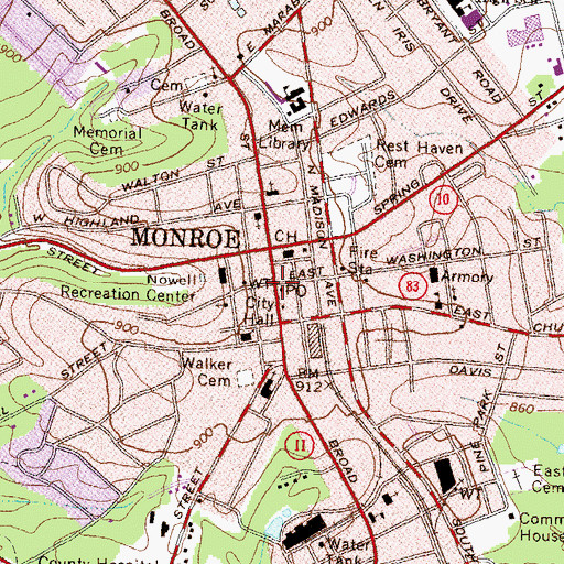 Topographic Map of Monroe Post Office, GA