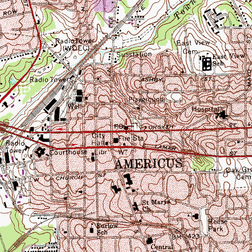 Topographic Map of Americus Post Office, GA