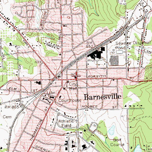 Topographic Map of Barnesville Post Office, GA