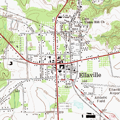 Topographic Map of Ellaville Post Office, GA