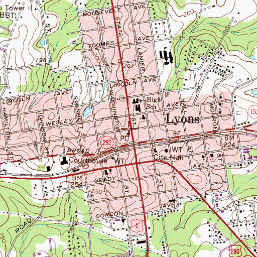 Topographic Map of Lyons Post Office, GA