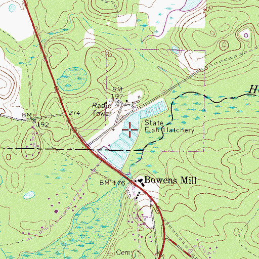 Topographic Map of Bowens Mill State Fish Hatchery, GA