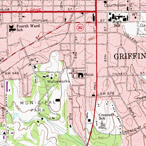 Topographic Map of Wellstar Spalding Regional Hospital, GA