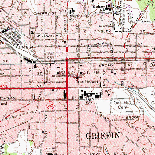 Topographic Map of Spalding County Courthouse, GA