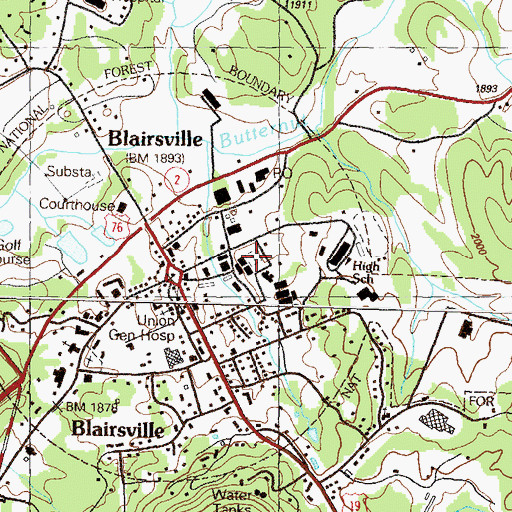 Topographic Map of Blairsville Cemetery, GA